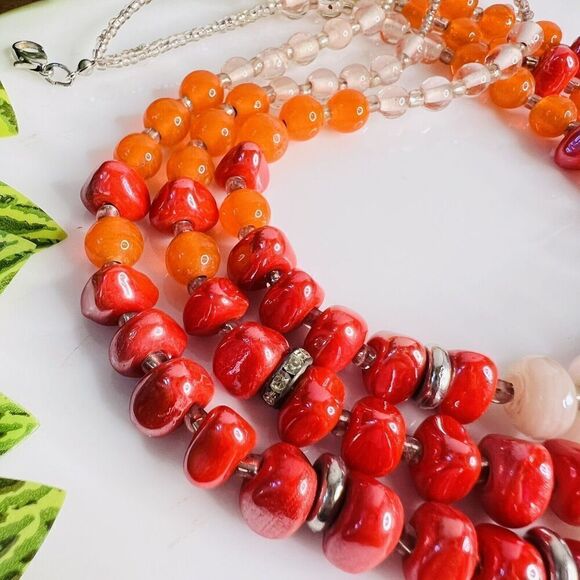 Sparkling Vintage Necklace 3 Strand Organic Form Glass Resin Beads Colorful 4112 - Picture 2 of 8